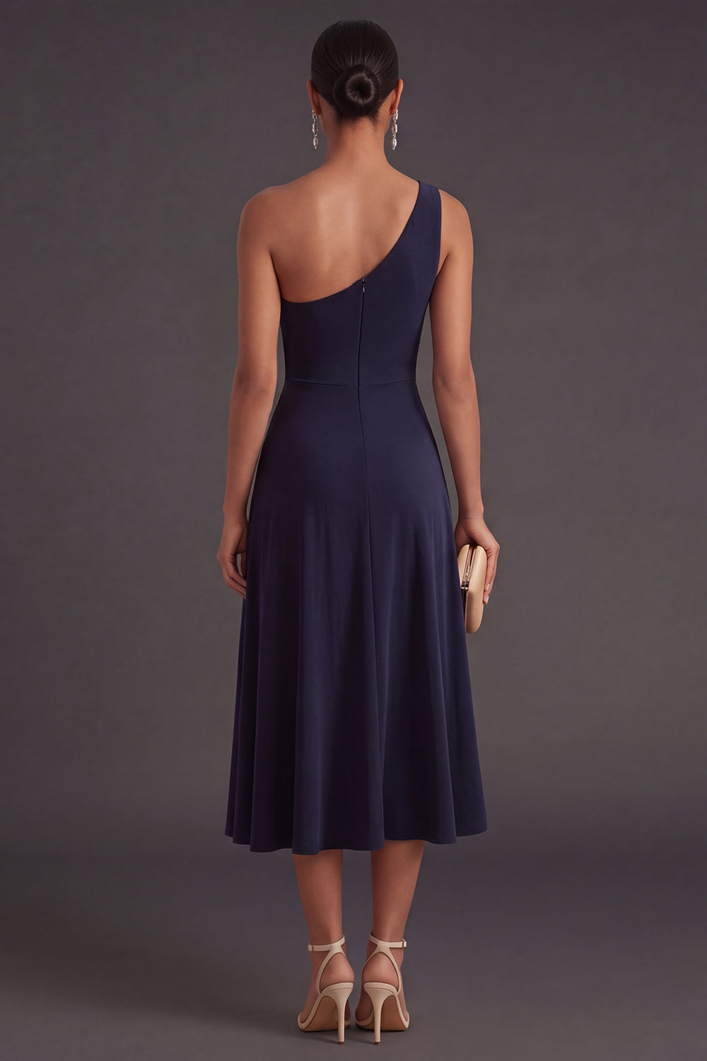 Navy A Line One Shoulder Midi Formal Dress