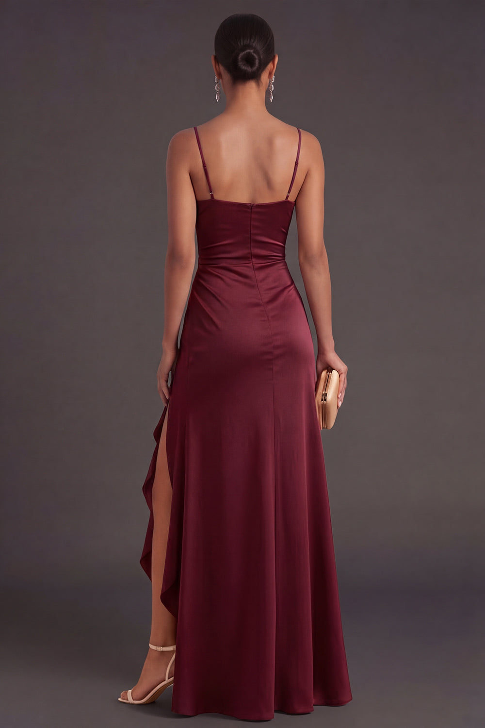 Burgundy Ruffled Ruched Long Formal Dress with Slit