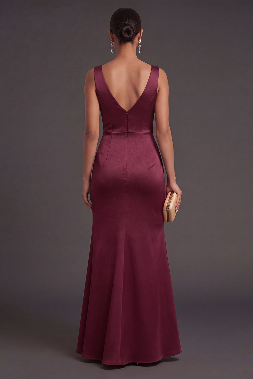 Satin Burgundy Mermaid V Neck Long Formal Dress with Slit