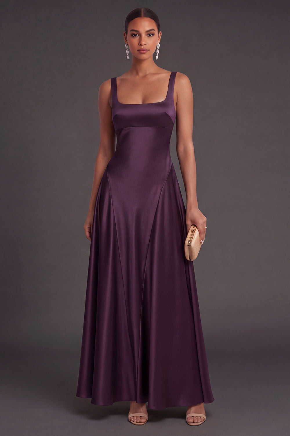 Leely Women Satin Plum Long Formal Dress Thick Straps A Line Summer Wedding Guest Dress