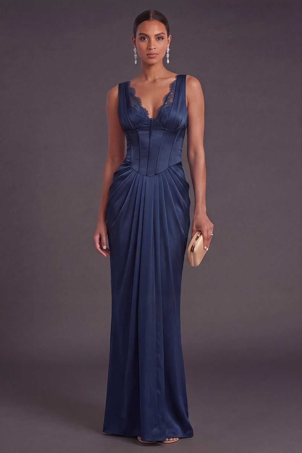 Corset Navy Mermaid Ruched Long Formal Dress
