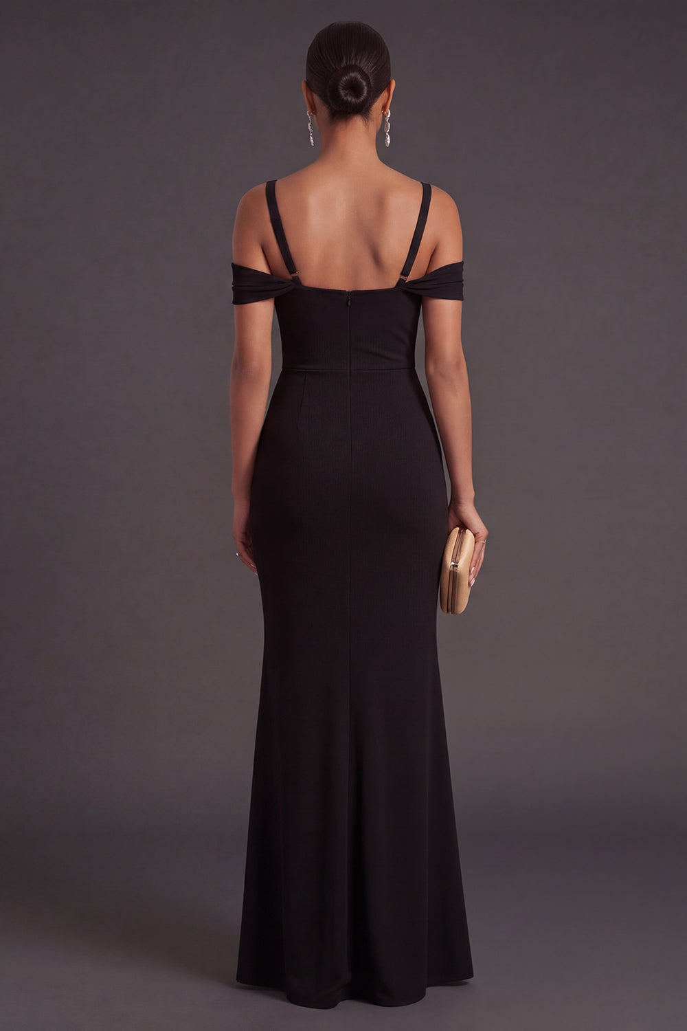 Black Mermaid Cold Shoulder Ruched Long Formal Dress with Slit