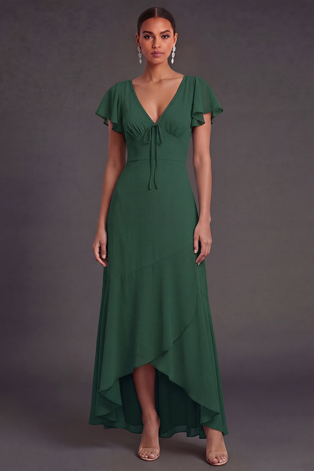 High Low Dark Green V Neck Ruffled Formal Dress