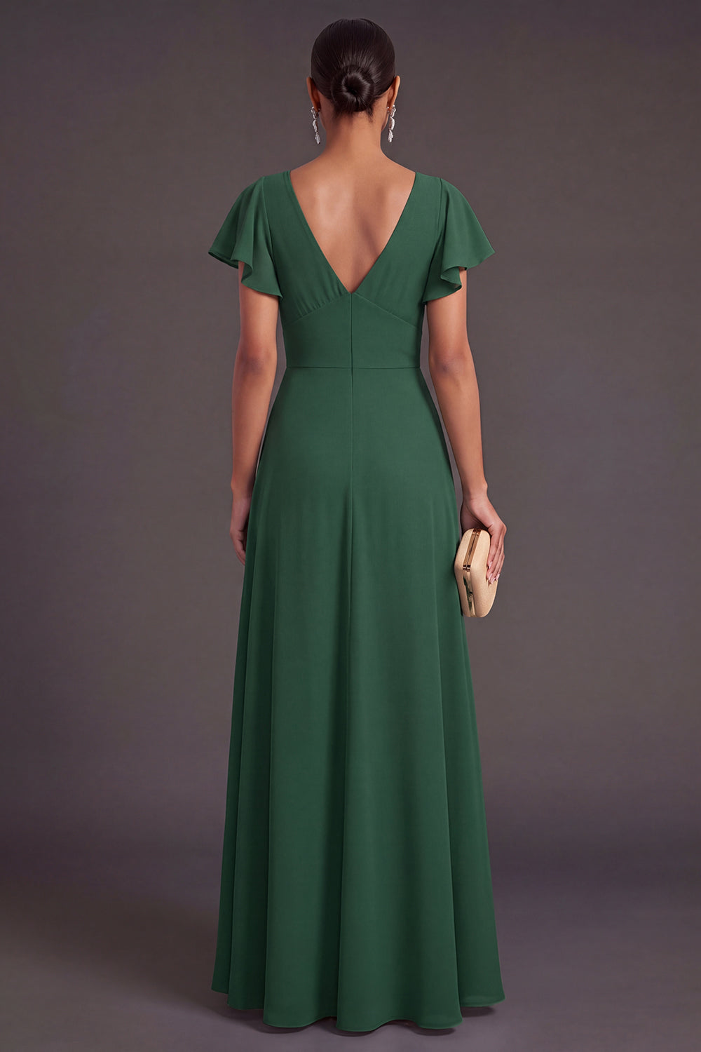 High Low Dark Green V Neck Ruffled Formal Dress