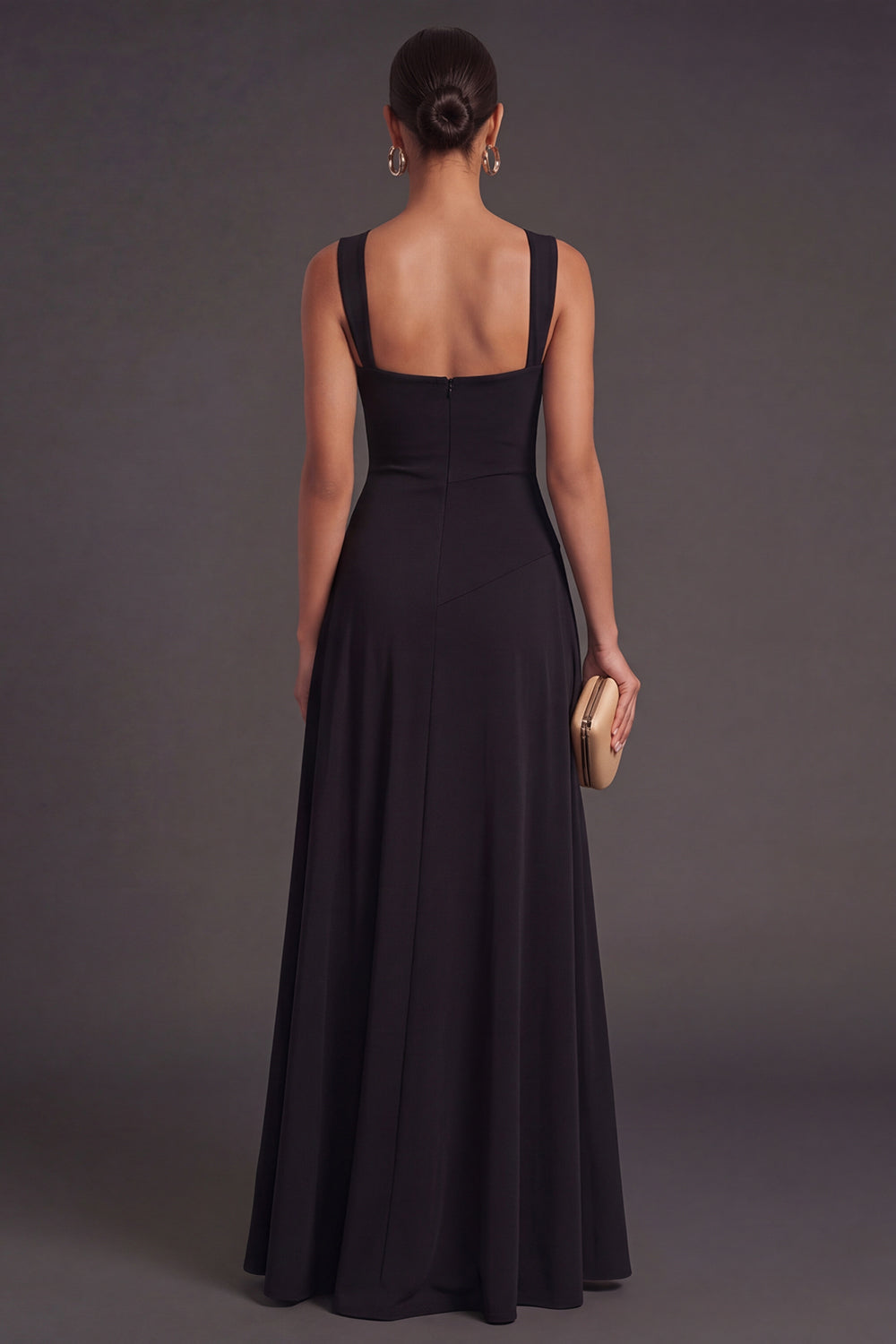 A Line Black Thick Straps Long Formal Dress with Slit