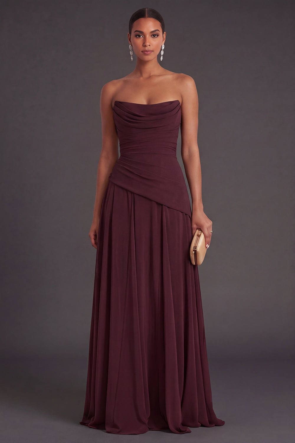 Leely Women Burgundy A Line Long Formal Dress Strapless Black Tie Wedding Guest Dress