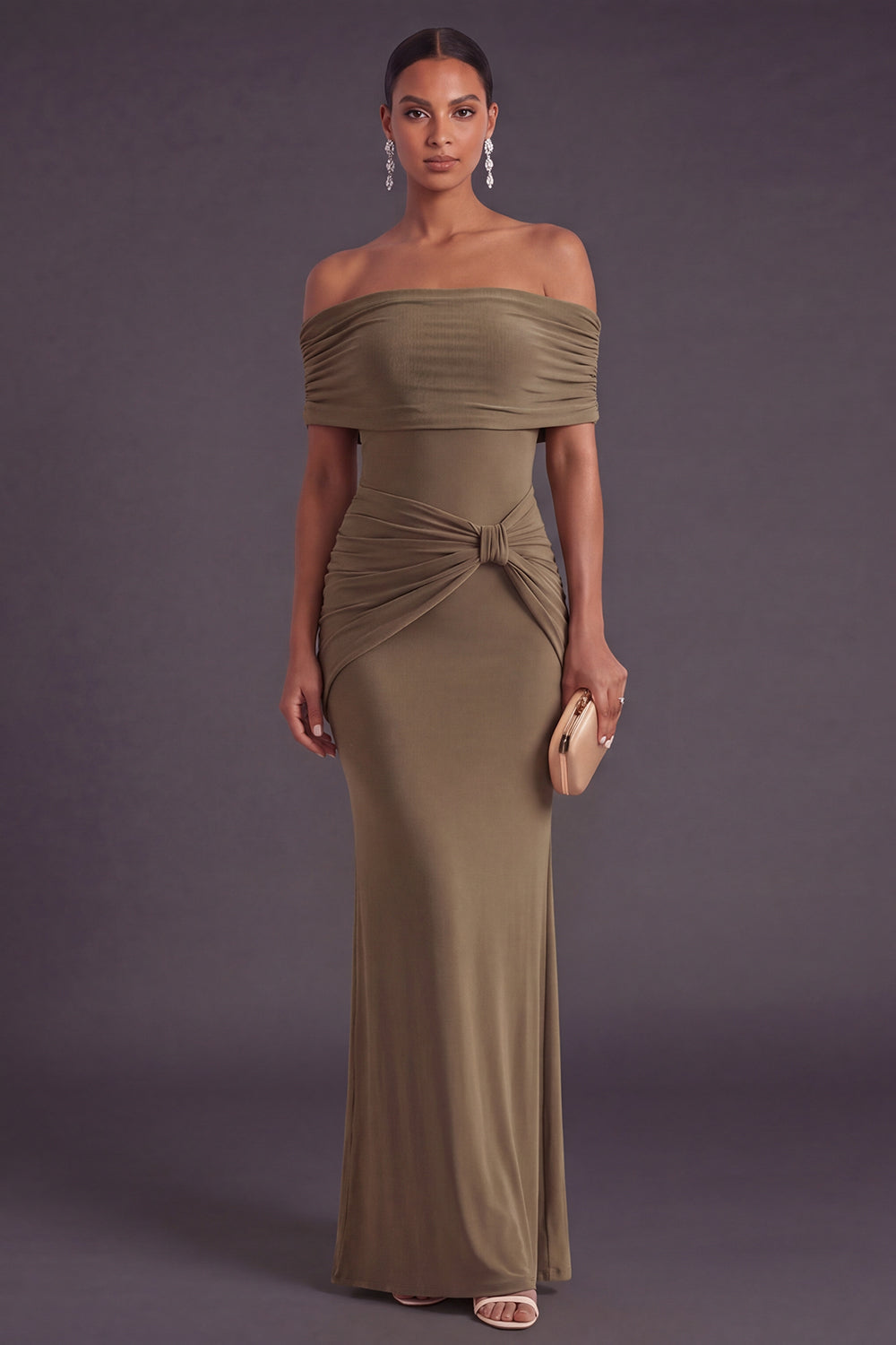Khaki Mermaid Off the Shoulder Ruched Long Formal Dress