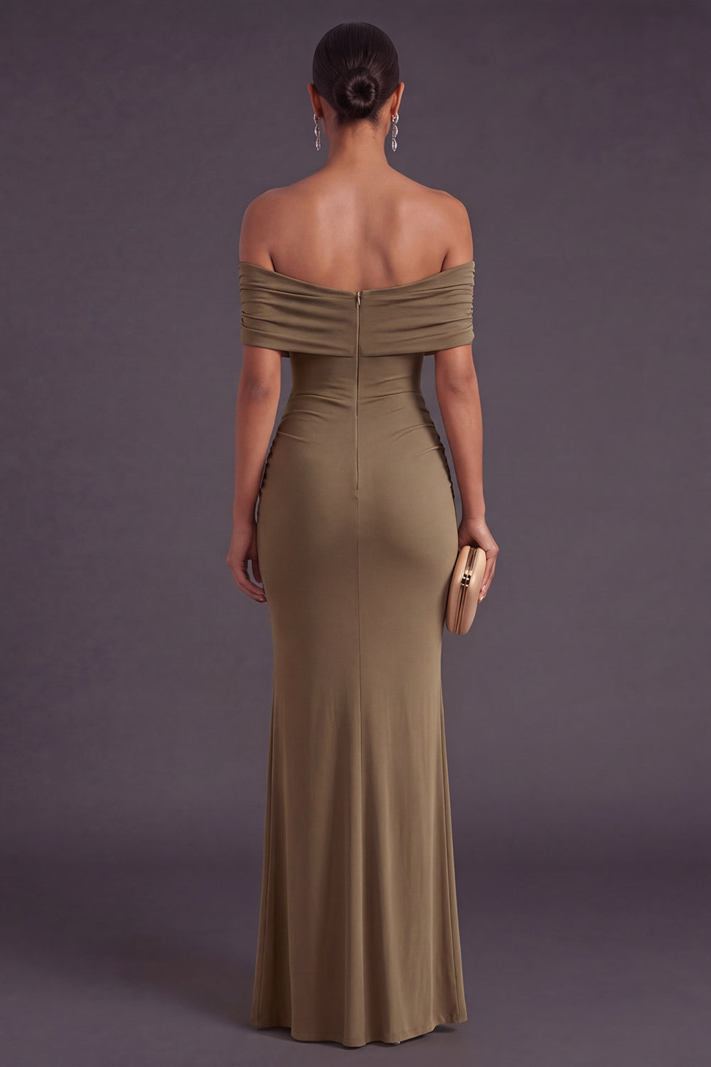 Khaki Mermaid Off the Shoulder Ruched Long Formal Dress