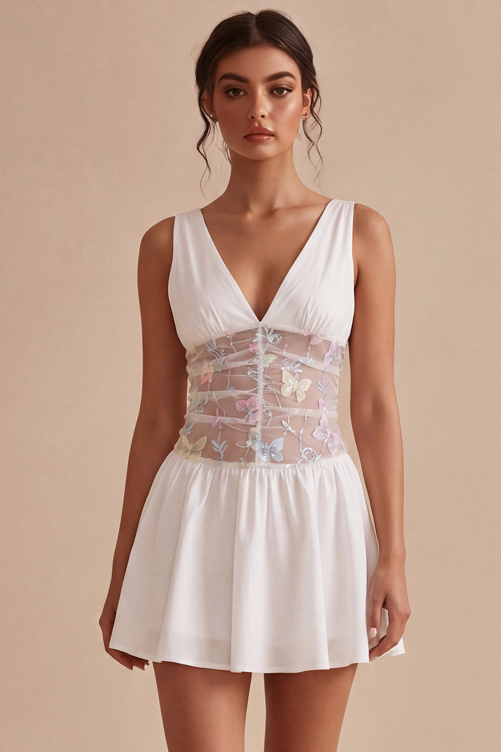 A Line Floral V Neck Little White Dress