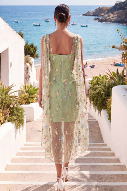 Green Floral Cowl Neck Sheath Summer Wedding Guest Dress