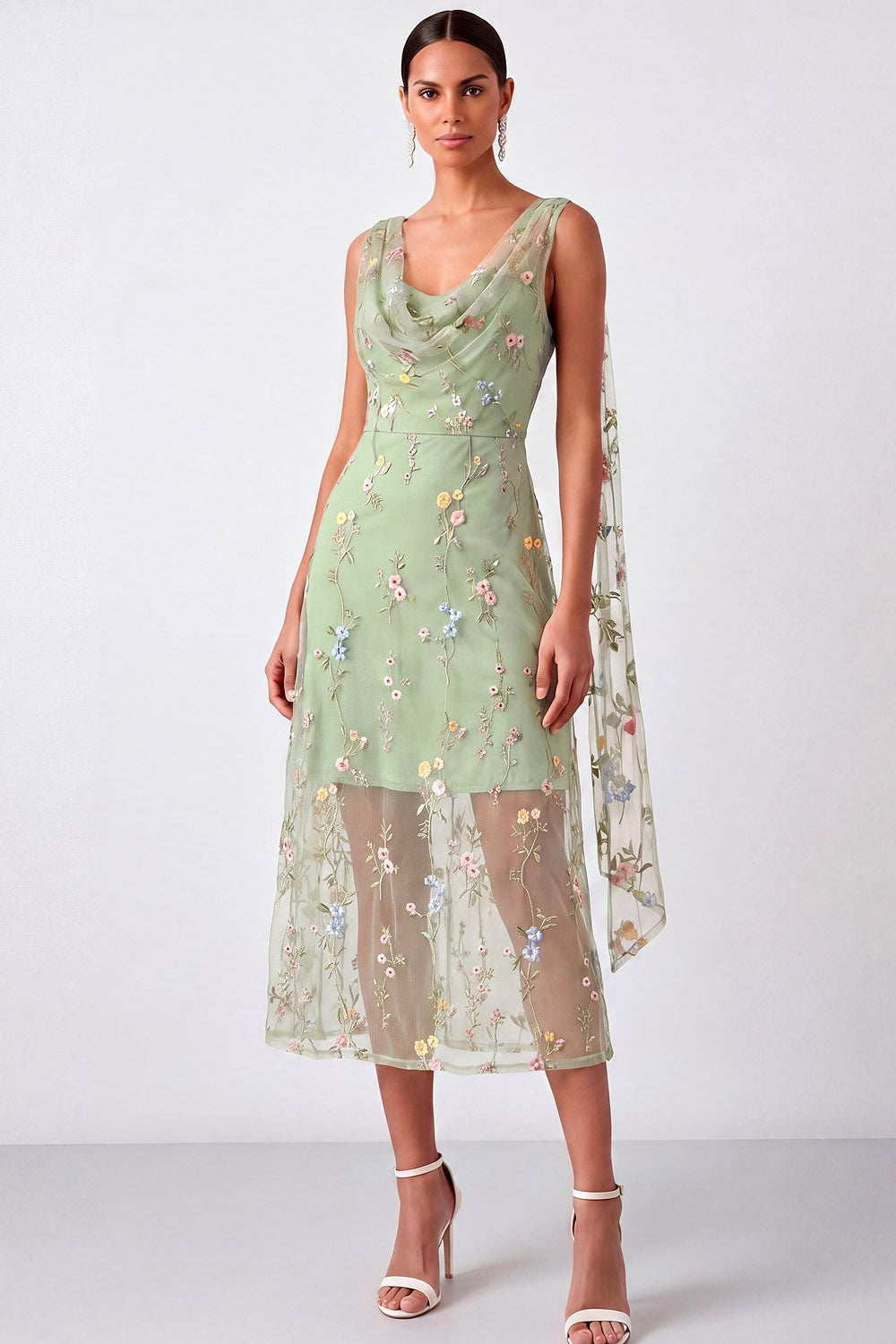 Green Floral Cowl Neck Sheath Summer Wedding Guest Dress