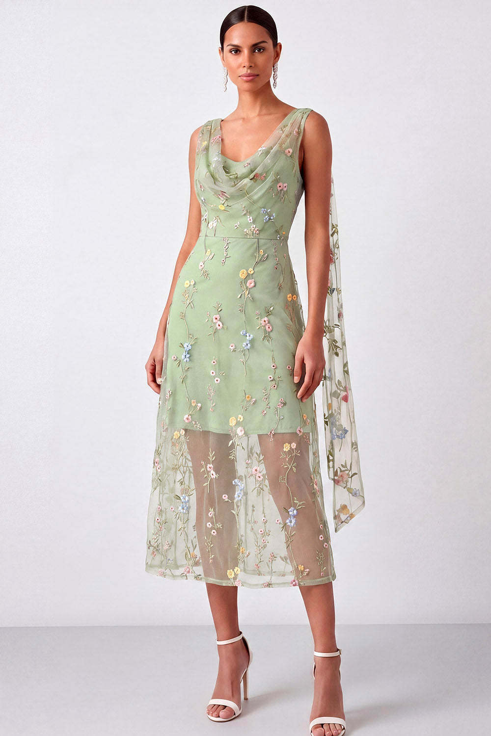 Green Floral Cowl Neck Sheath Summer Wedding Guest Dress