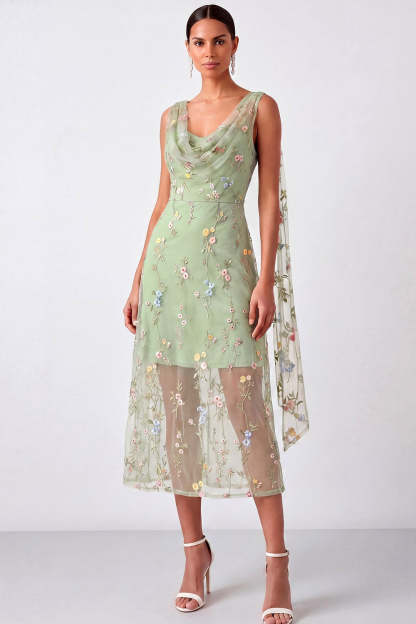 Green Floral Cowl Neck Sheath Summer Wedding Guest Dress
