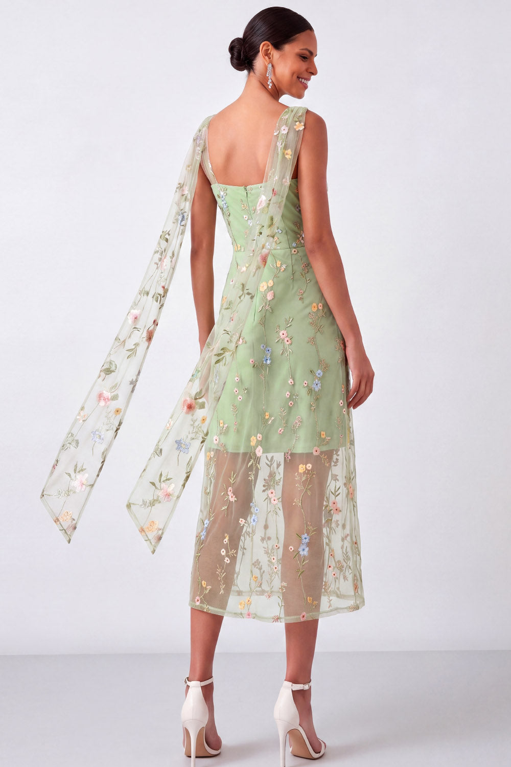 Green Floral Cowl Neck Sheath Summer Wedding Guest Dress