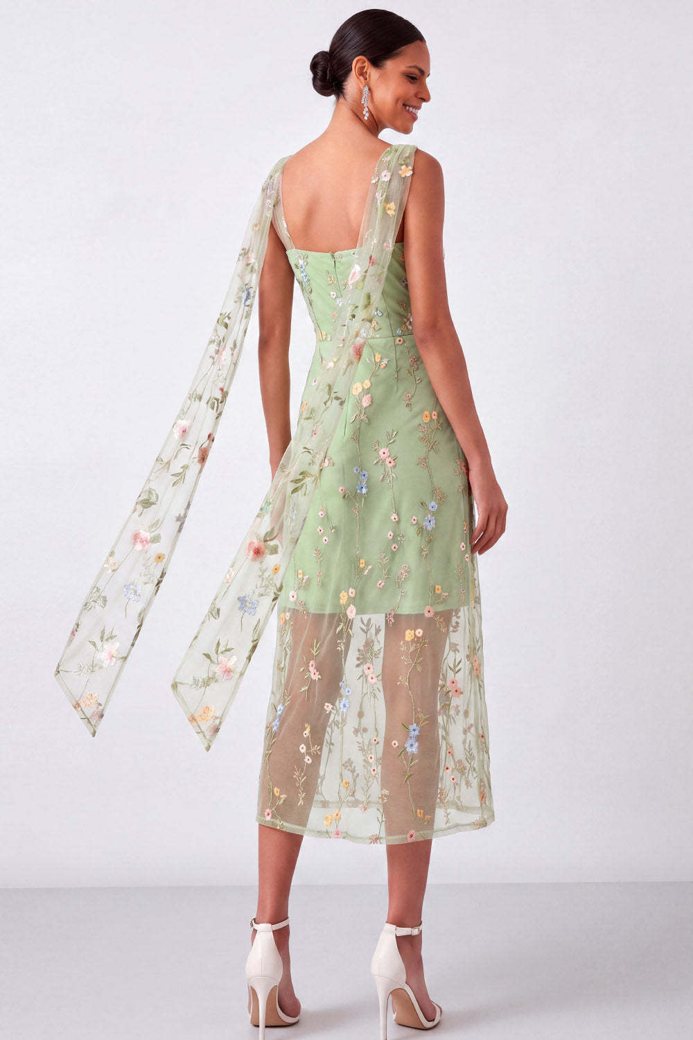 Green Floral Cowl Neck Sheath Summer Wedding Guest Dress