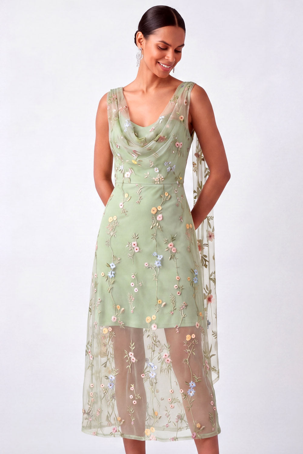 Green Floral Cowl Neck Sheath Summer Wedding Guest Dress