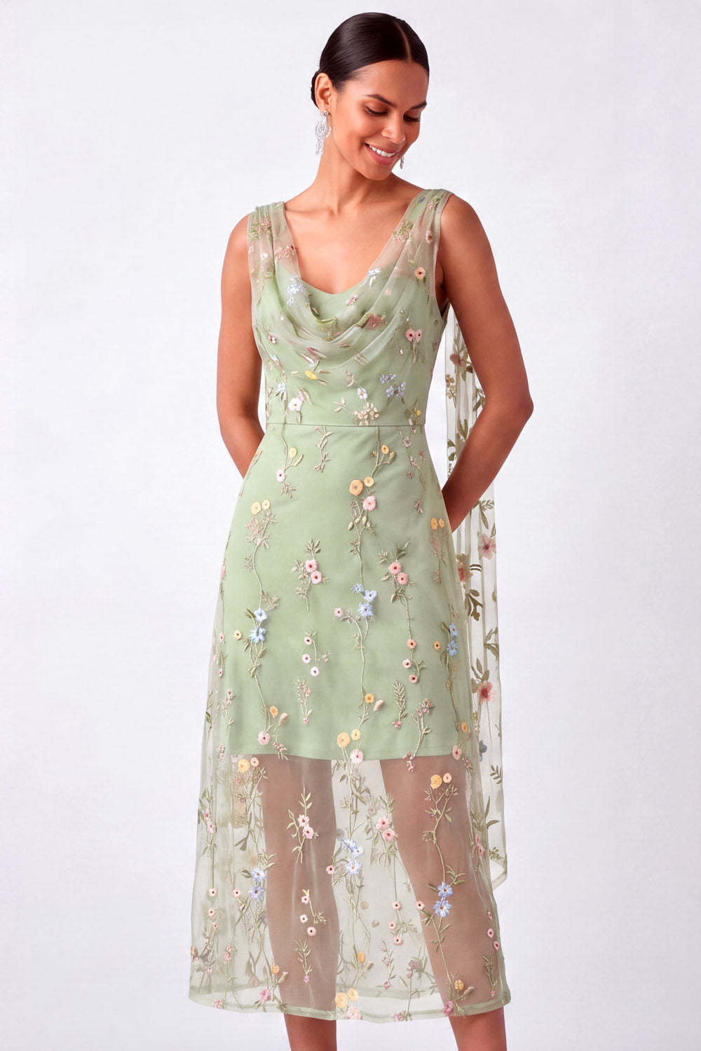 Green Floral Cowl Neck Sheath Summer Wedding Guest Dress