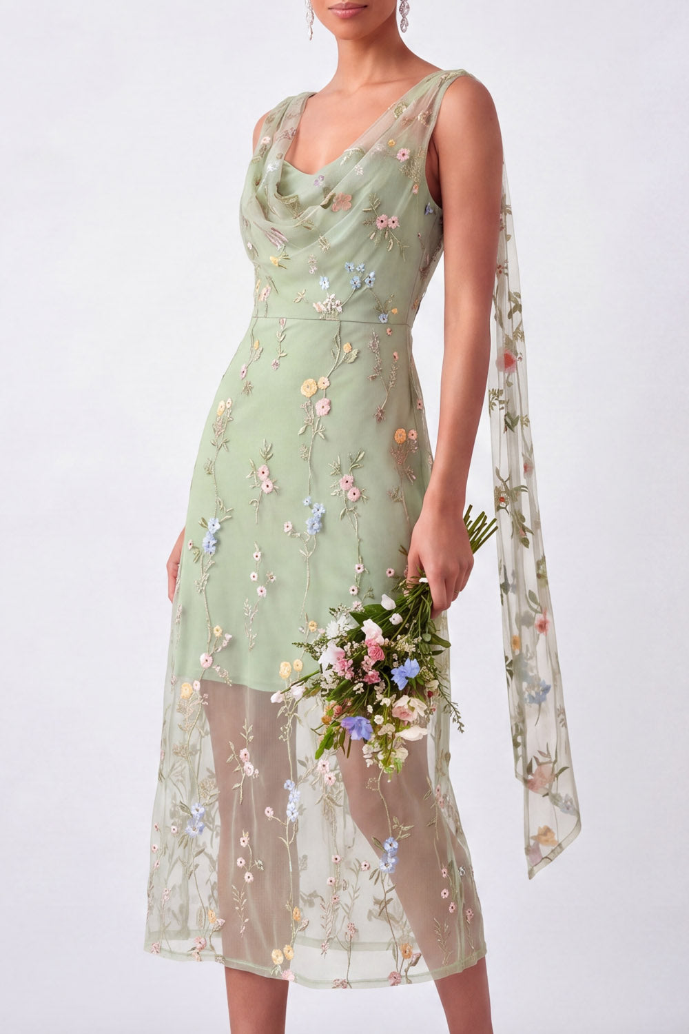 Green Floral Cowl Neck Sheath Summer Wedding Guest Dress
