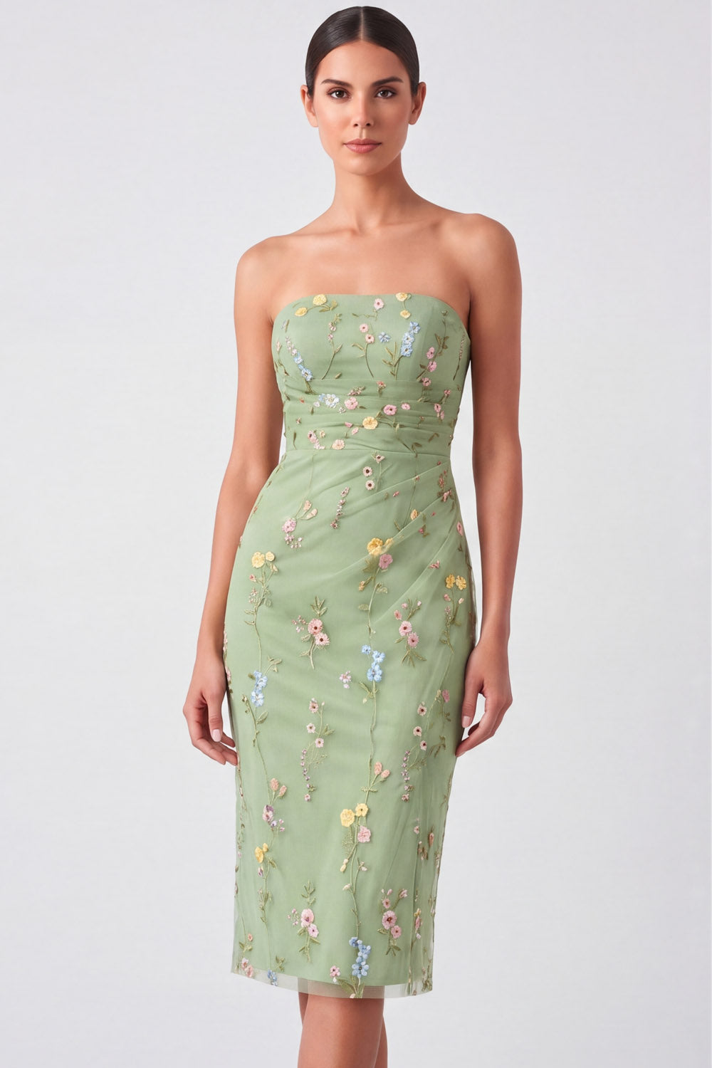 Green Floral Strapless Embroidered Bodycon Midi Wedding Guest Dress