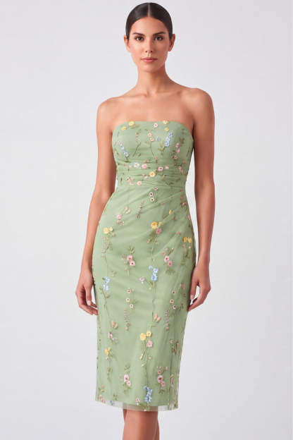 Green Floral Strapless Embroidered Bodycon Midi Wedding Guest Dress