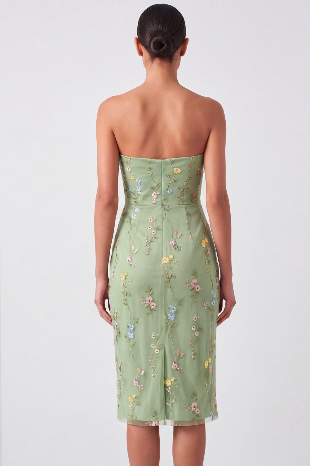 Green Floral Strapless Embroidered Bodycon Midi Wedding Guest Dress