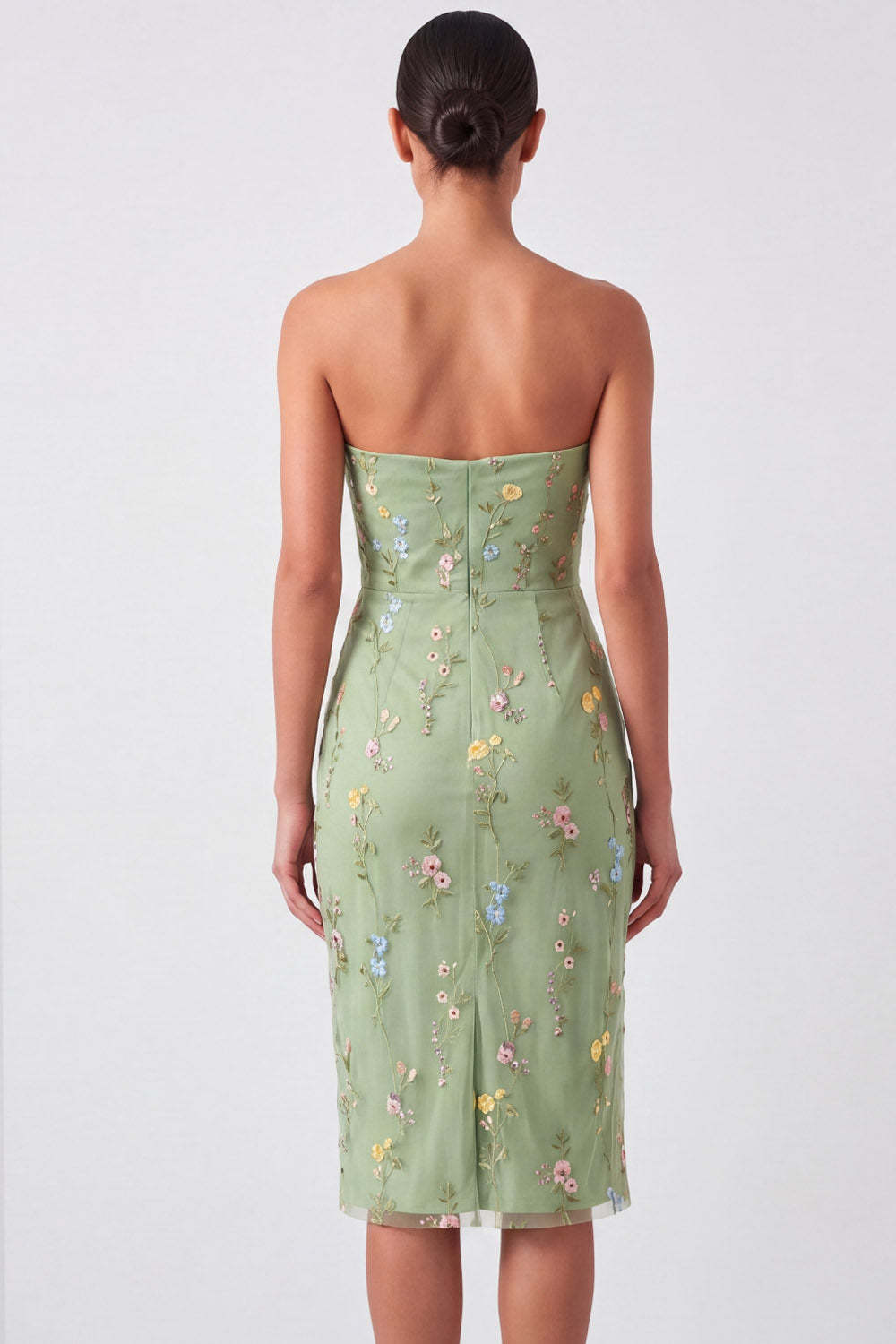 Green Floral Strapless Embroidered Bodycon Midi Wedding Guest Dress