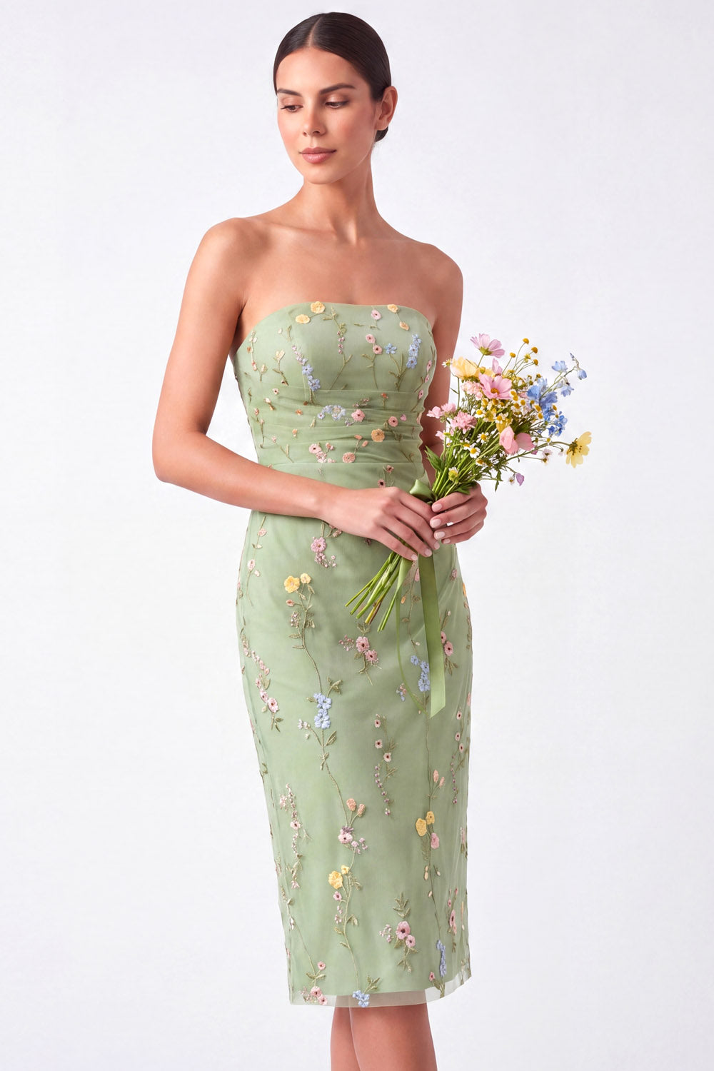 Green Floral Strapless Embroidered Bodycon Midi Wedding Guest Dress