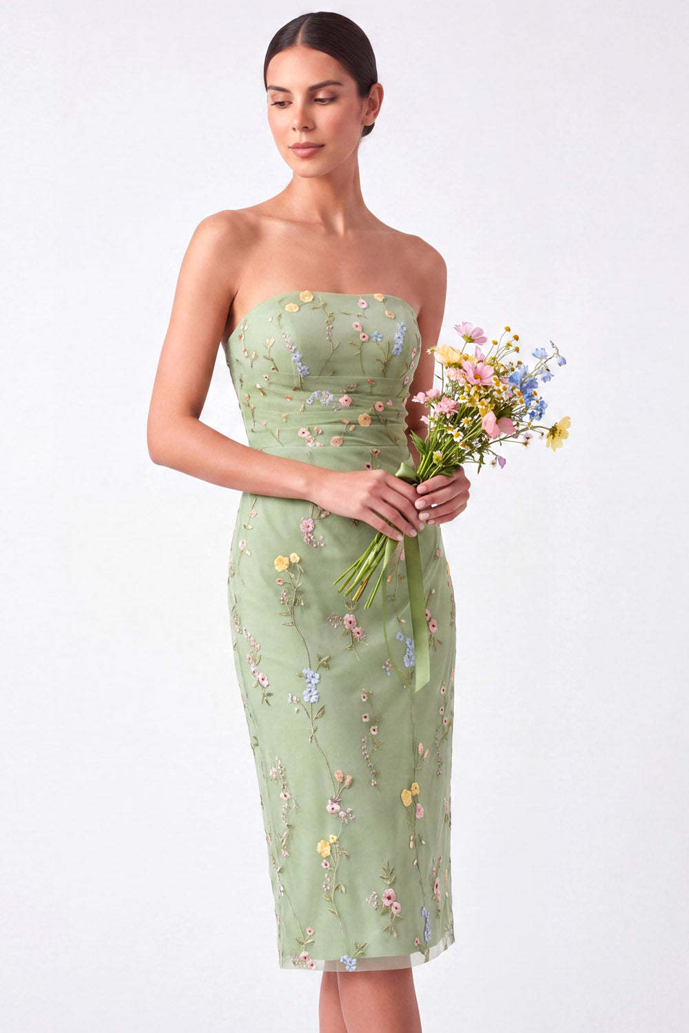 Green Floral Strapless Embroidered Bodycon Midi Wedding Guest Dress