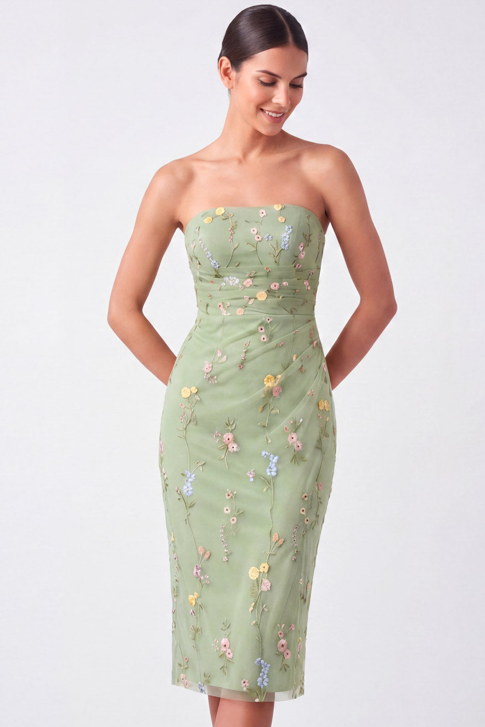 Green Floral Strapless Embroidered Bodycon Midi Wedding Guest Dress