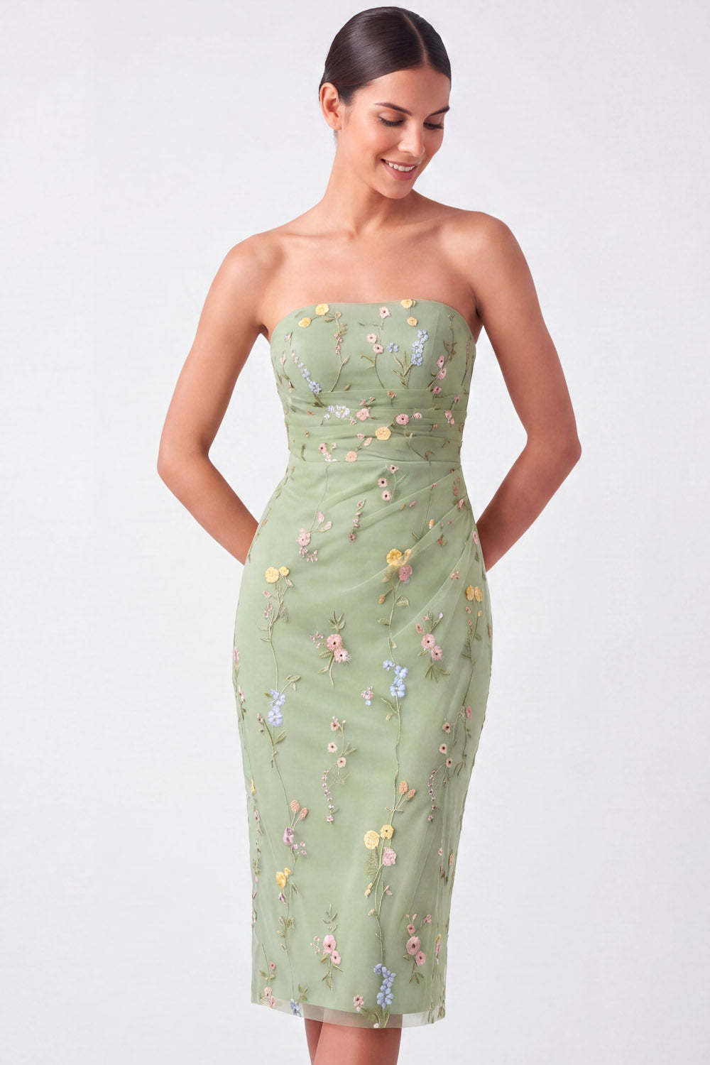 Green Floral Strapless Embroidered Bodycon Midi Wedding Guest Dress