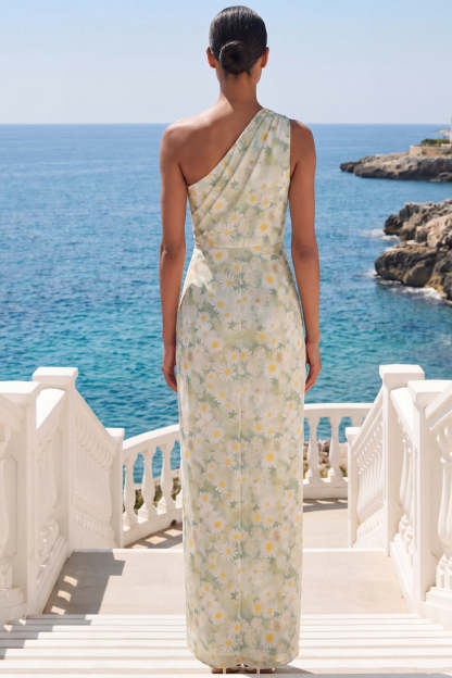 Light Green Floral Maxi Sheath Ruched Wedding Guest Dress with Slit