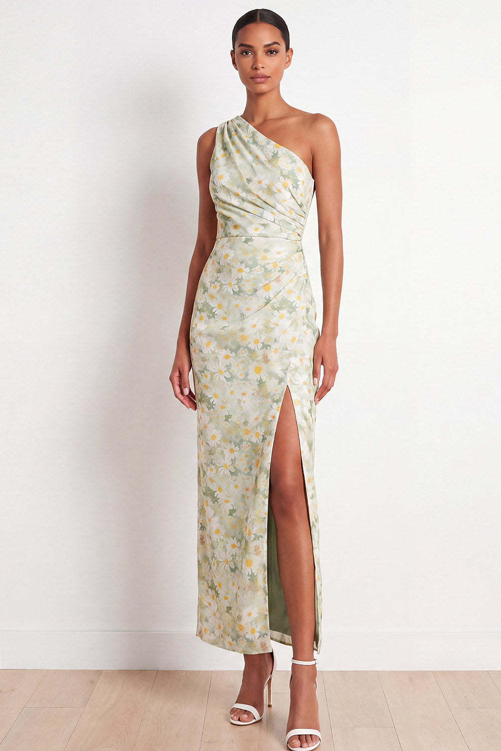 Light Green Floral Maxi Sheath Ruched Wedding Guest Dress with Slit
