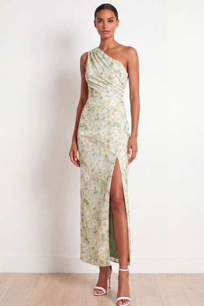 Light Green Floral Maxi Sheath Ruched Wedding Guest Dress with Slit