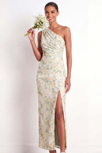Light Green Floral Maxi Sheath Ruched Wedding Guest Dress with Slit