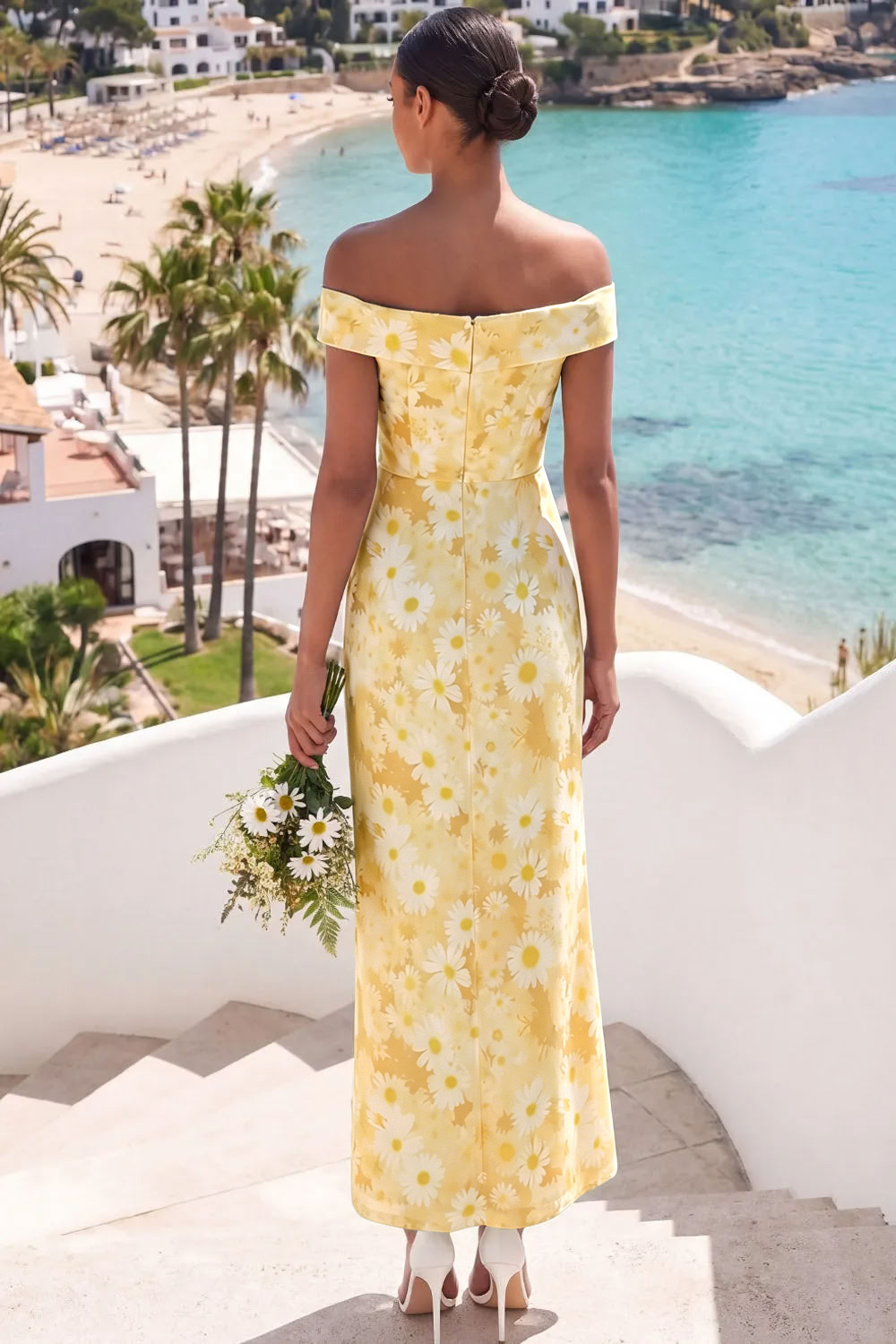 Butter Yellow Maxi Sheath Floral Wedding Guest Dress with Slit