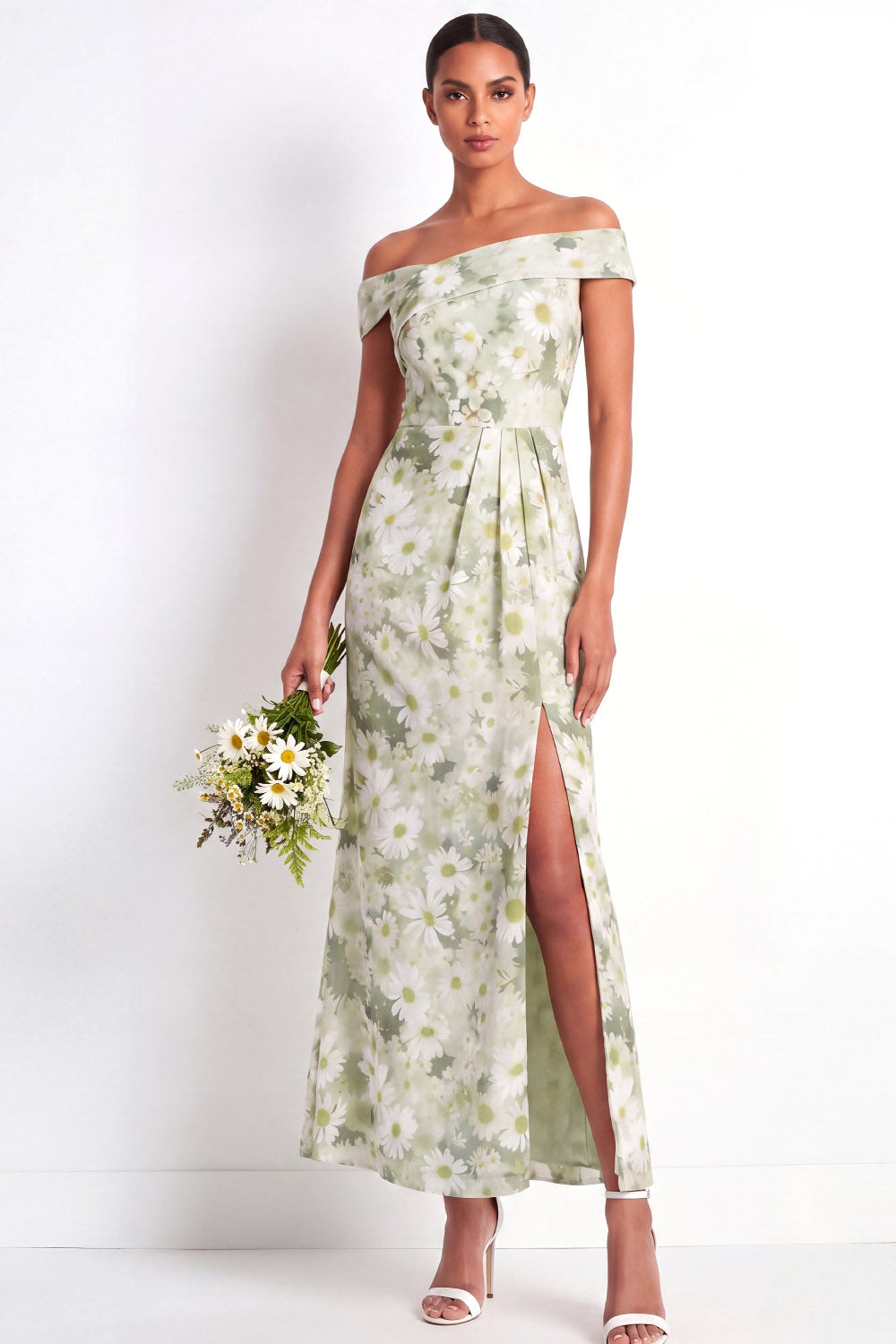 Light Green Maxi Sheath Floral Wedding Guest Dress with Slit