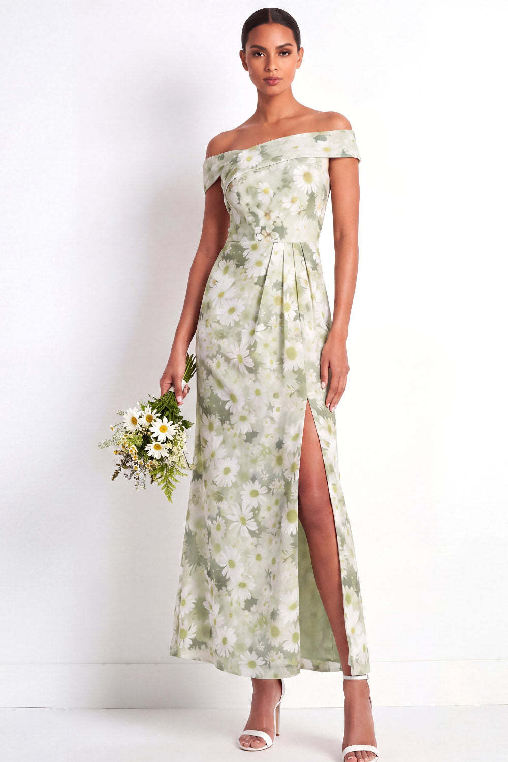 Light Green Maxi Sheath Floral Wedding Guest Dress with Slit