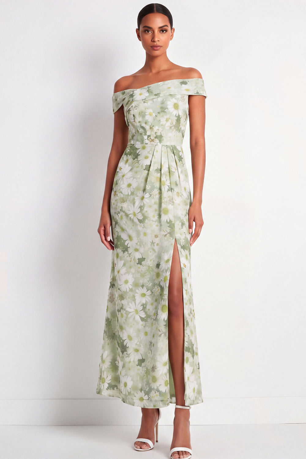 Light Green Maxi Sheath Floral Wedding Guest Dress with Slit