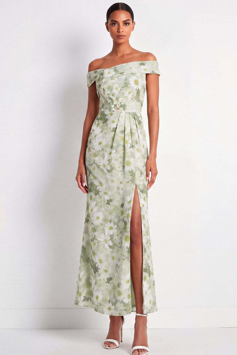 Light Green Maxi Sheath Floral Wedding Guest Dress with Slit