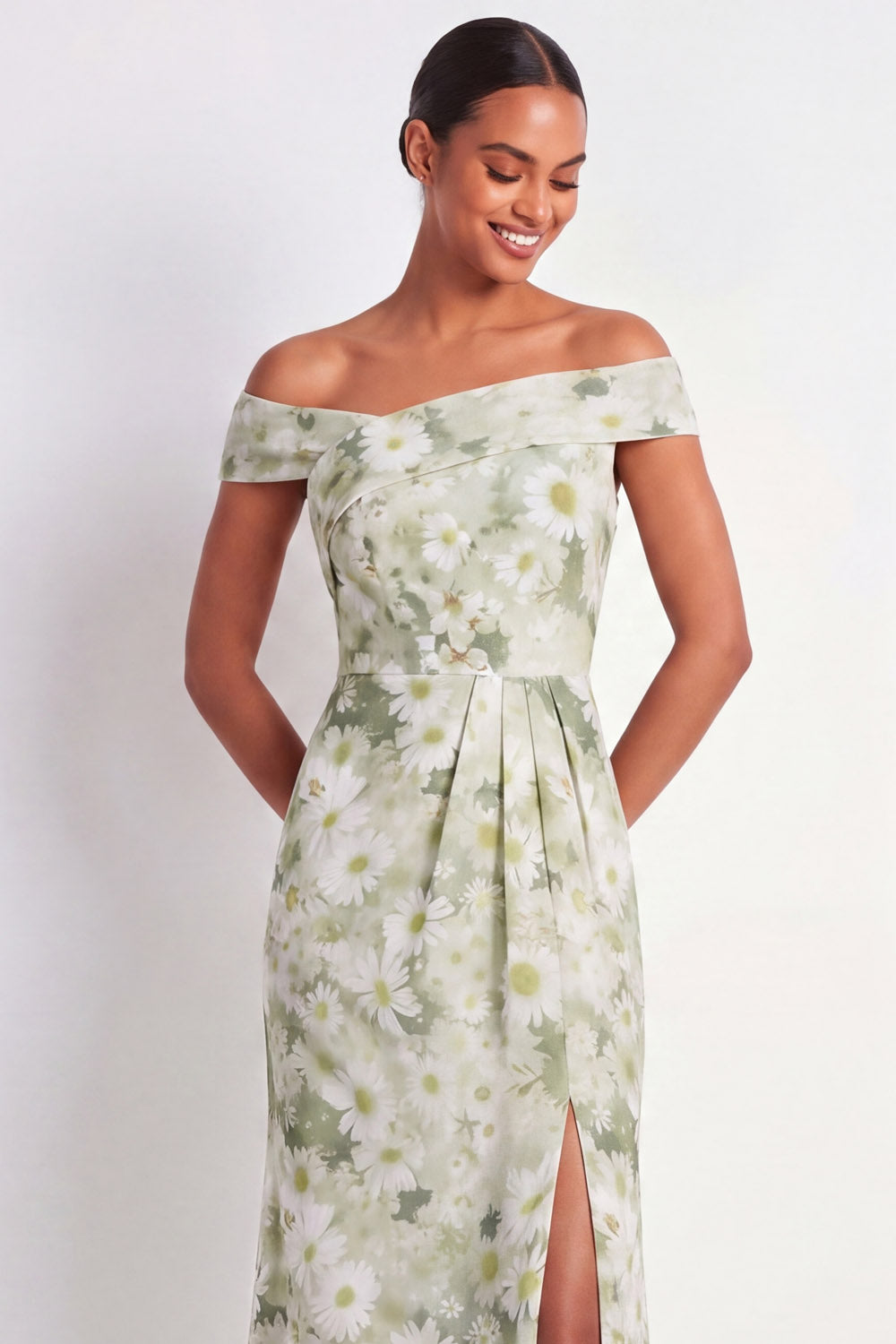Light Green Maxi Sheath Floral Wedding Guest Dress with Slit