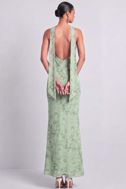 Green Maxi Mermaid Floral Backless Wedding Guest Dress