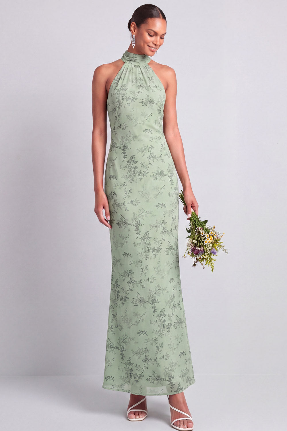 Green Maxi Mermaid Floral Backless Wedding Guest Dress