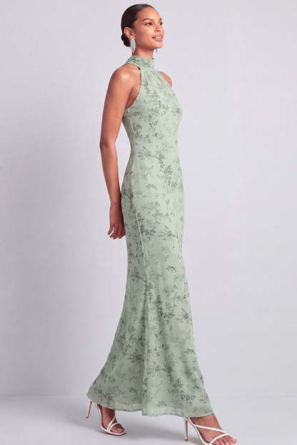 Green Maxi Mermaid Floral Backless Wedding Guest Dress