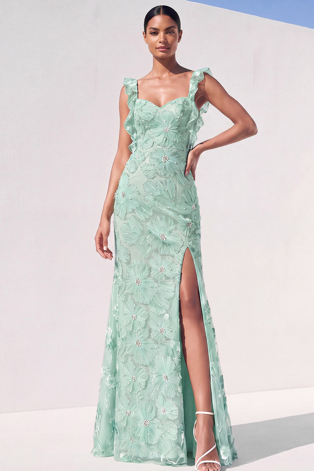 Mint Green Floral Mermaid Maxi Wedding Guest Dress with Slit