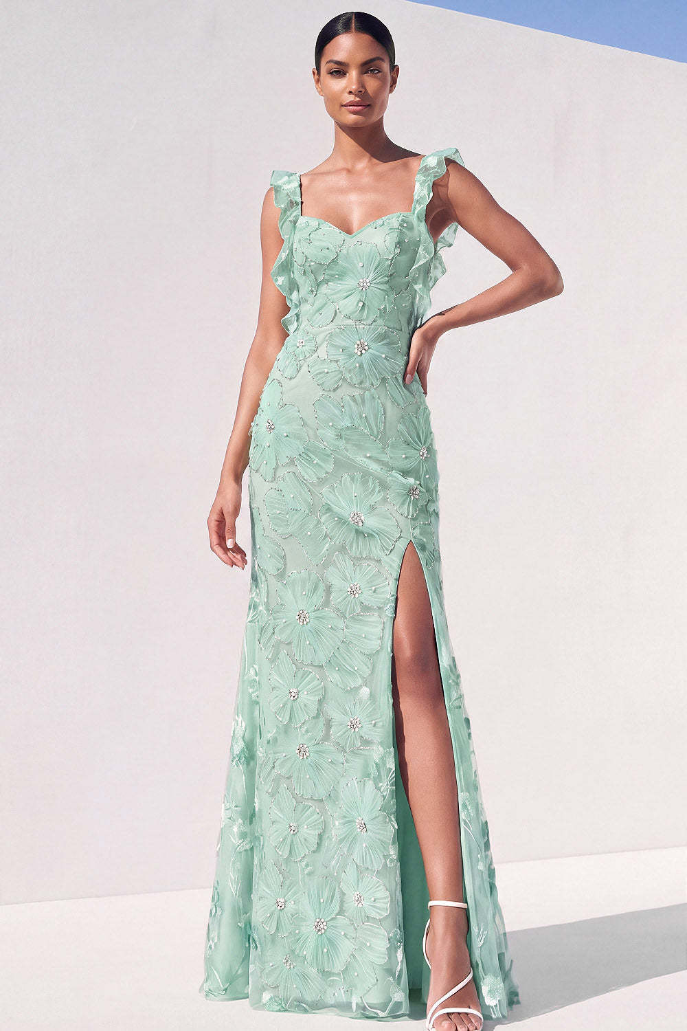 Leely Women Mint Green Floral Mermaid Maxi Wedding Guest Dress with Slit Spaghetti Straps Backless Garden Party Dress\