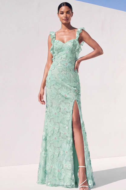 Leely Women Mint Green Floral Mermaid Maxi Wedding Guest Dress with Slit Spaghetti Straps Backless Garden Party Dress\