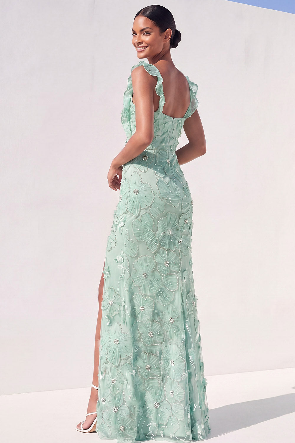 Mint Green Floral Mermaid Maxi Wedding Guest Dress with Slit