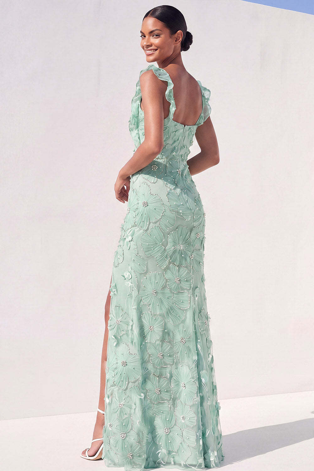 Mint Green Floral Mermaid Maxi Wedding Guest Dress with Slit