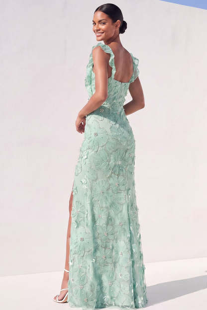 Mint Green Floral Mermaid Maxi Wedding Guest Dress with Slit