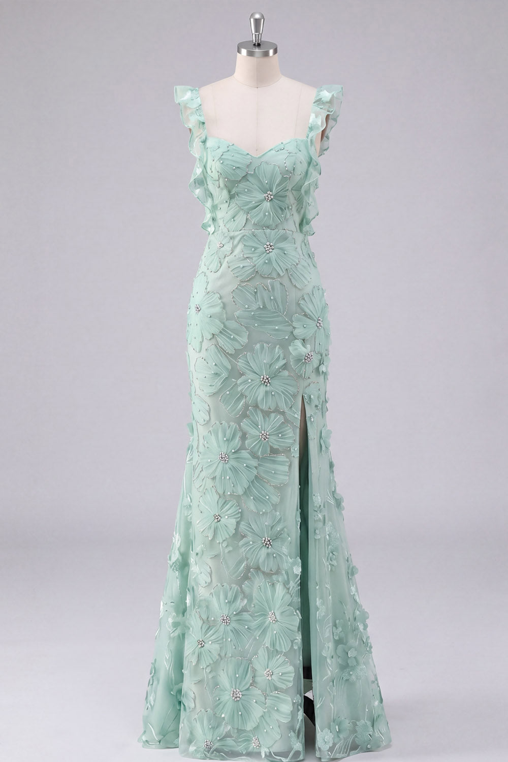 Mint Green Floral Mermaid Maxi Wedding Guest Dress with Slit